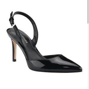 Marc Fisher- Black Patent Leather Point Sling Back Heel/Pump